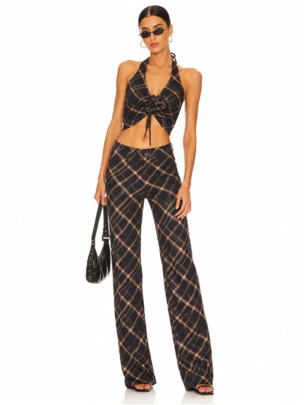 I.AM.GIA Plaid 2-Piece Matching Set Y2K Grunge Wide Leg Pant mesh top